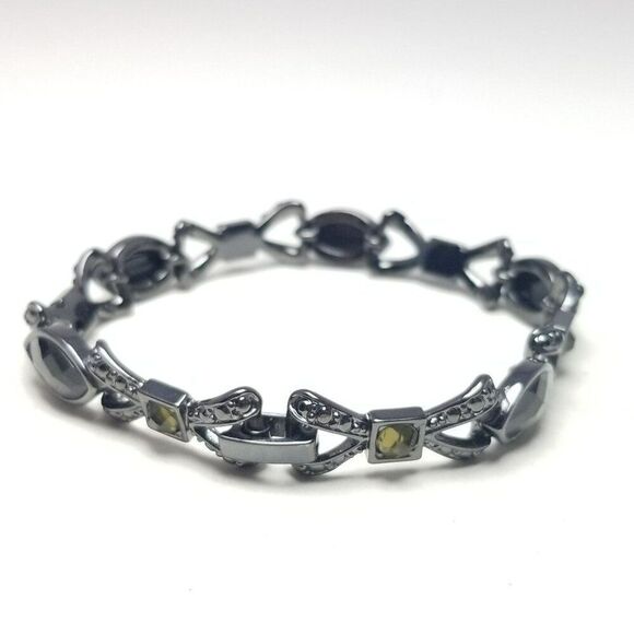 Vintage Black Rhinestone and Dark Gray Metal Bracelet, Goth Vibes, Estate - Picture 2 of 5